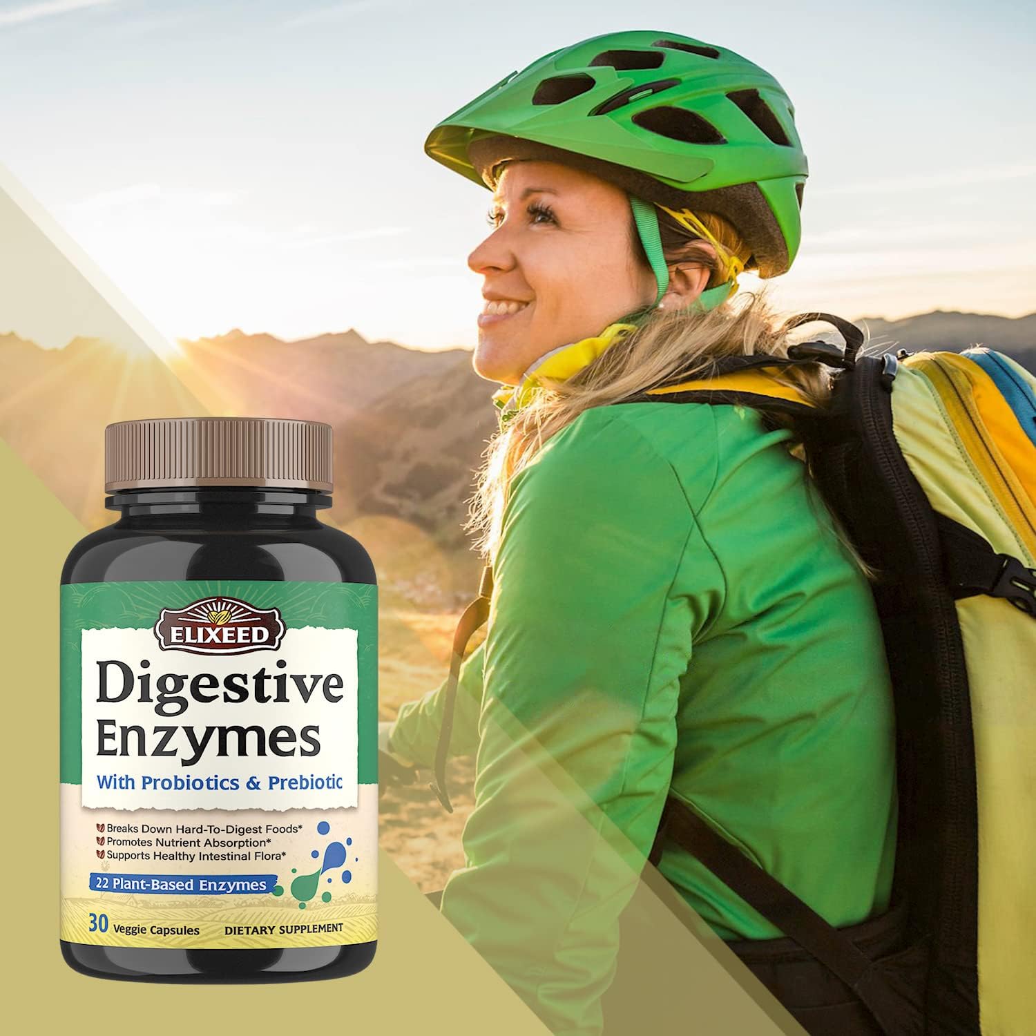Digestive Enzymes with Probiotics & Prebiotics - Maximum Strength, 30 Capsules, Vegan & Non-GMO - Elixeed