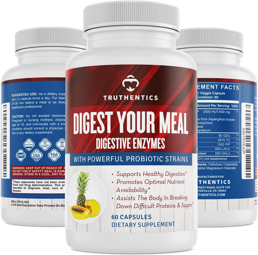 Digestive Enzymes with Probiotics, Prebiotics, and Bromelain - Vegan Aid for Digestion, Bloating, & Gas Relief - 60 Capsules