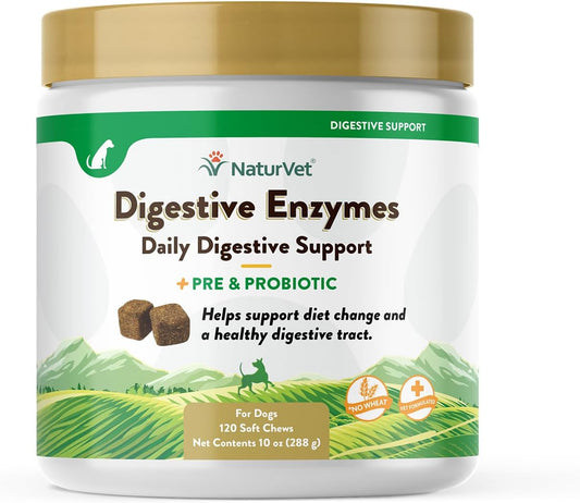 Digestive Enzymes with Probiotics & Prebiotics for Dogs & Cats (Soft Chews, 120 Count) - Supports Healthy Digestion & Diet Transition