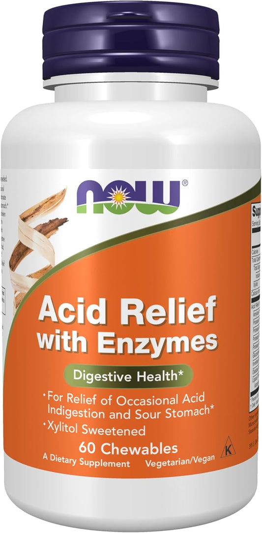 Digestive Health Acid Relief Supplements with Enzymes and Xylitol, 60 Chewables by NOW Foods