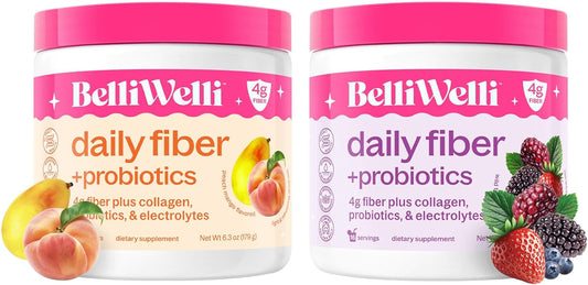 Digestive Health Bundle: Daily Fiber Supplement with Collagen, Probiotics, and Electrolytes in Peach Mango & Wild Berry Flavors - 32 Servings