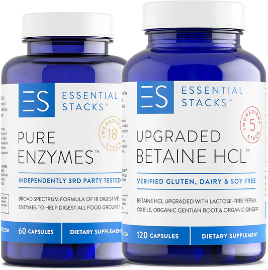 Digestive Health Bundle: Enzymes & Betaine HCL for Bloating Relief - 60 Digestive Enzymes & 120 Betaine HCL with Pepsin Tablets