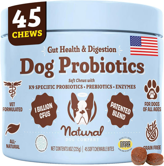Digestive Health Chews for Dogs with Probiotics, Prebiotics, and Enzymes (45 Count) - Supports Digestion, Gas, and Immune System - Natural Dog Company