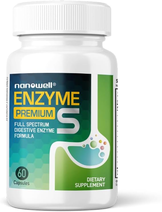 Digestive Health Enzyme Supplement with Bromelain & Papain - 60 Capsules, 10 Enzymes - NANOWELL Enzyme Premium S - 60-Day Supply