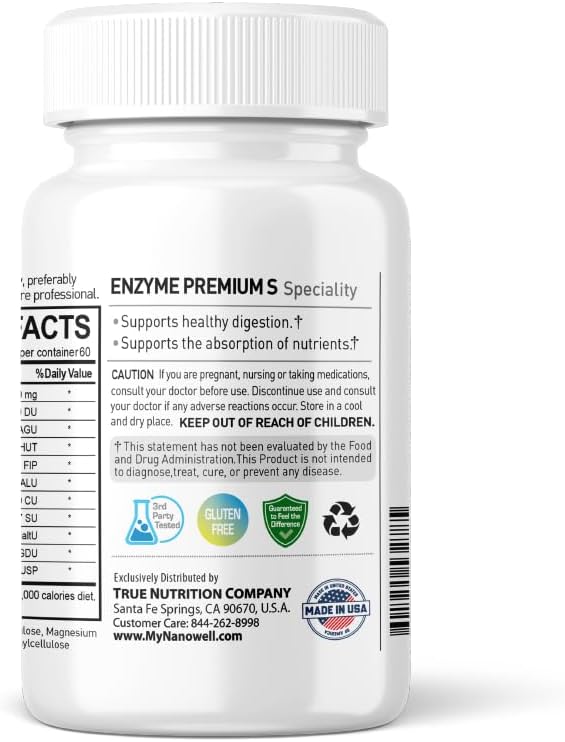 Digestive Health Enzyme Supplement with Bromelain & Papain - 60 Capsules, 10 Enzymes - NANOWELL Enzyme Premium S - 60-Day Supply