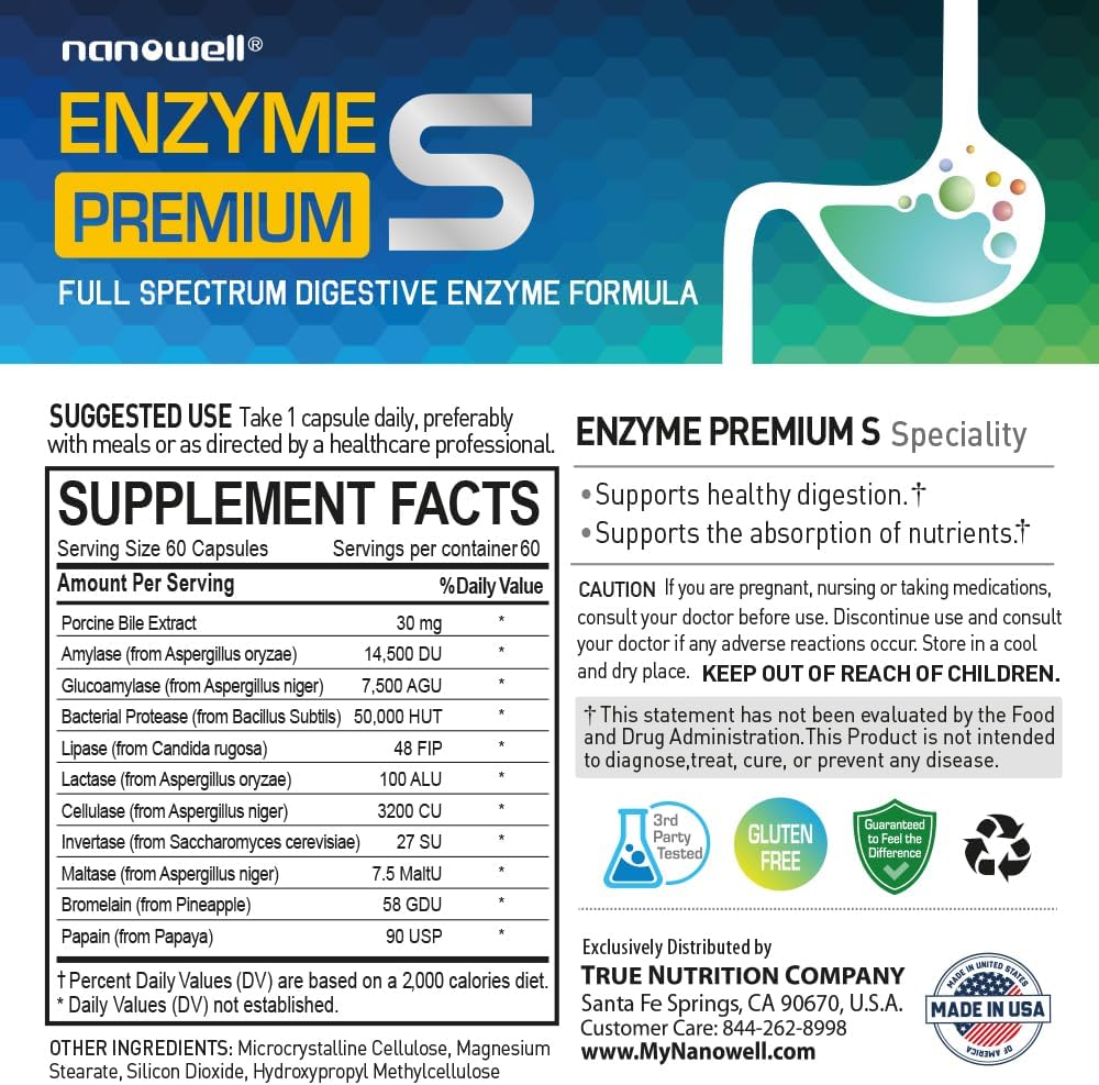 Digestive Health Enzyme Supplement with Bromelain & Papain - 60 Capsules, 10 Enzymes - NANOWELL Enzyme Premium S - 60-Day Supply