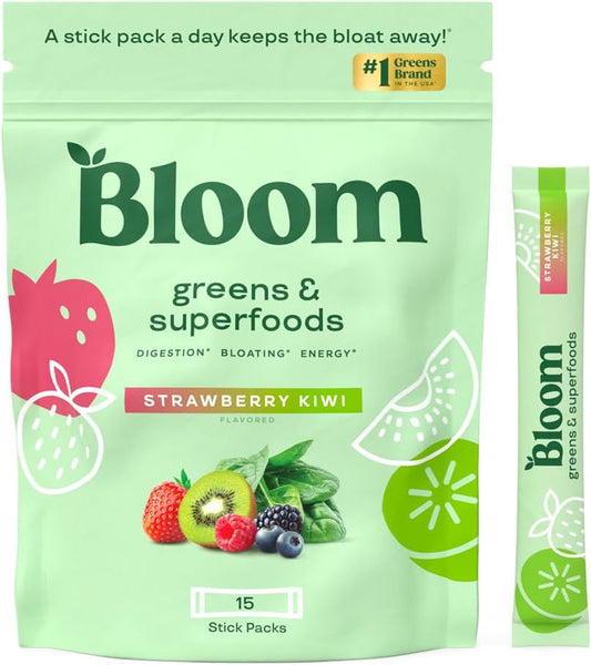 Digestive Health Greens Powder Packets with Probiotics, Enzymes, Spirulina & Chlorella - Strawberry Kiwi Flavor, 15 Sticks