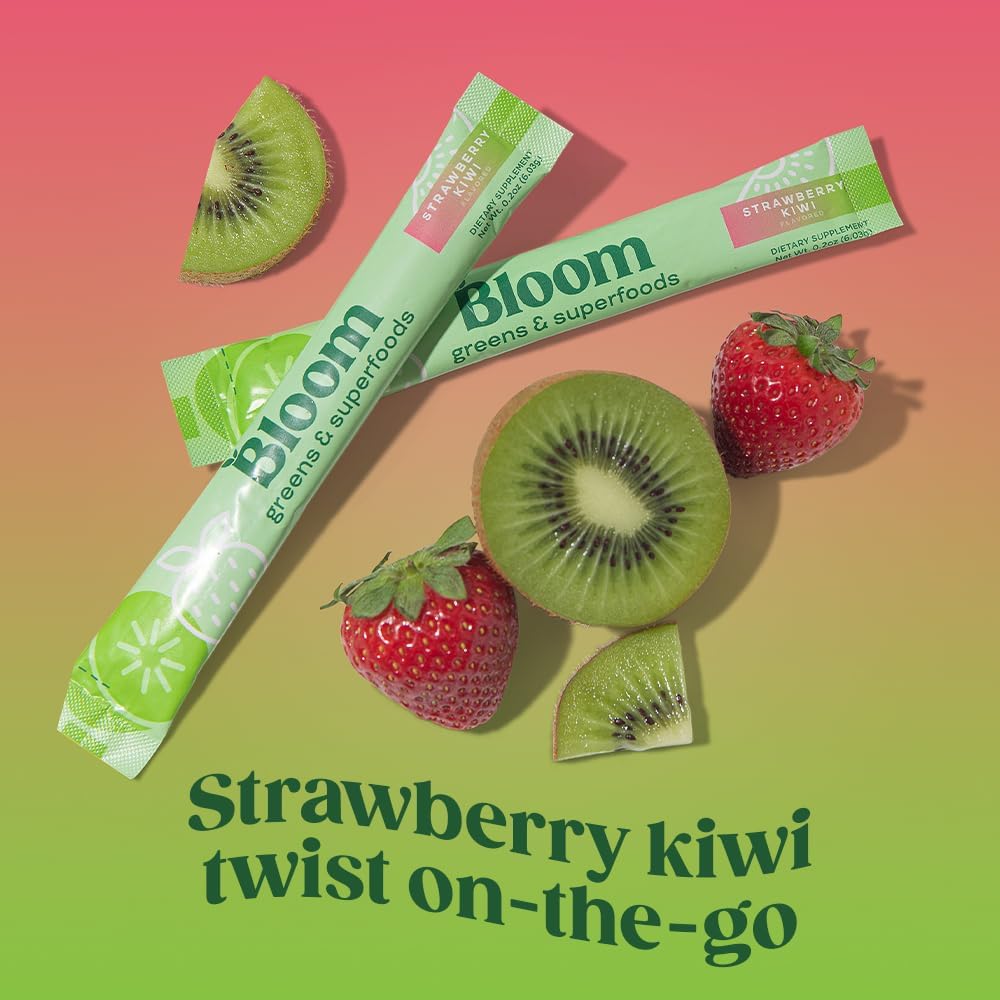 Digestive Health Greens Powder Packets with Probiotics, Enzymes, Spirulina & Chlorella - Strawberry Kiwi Flavor, 15 Sticks