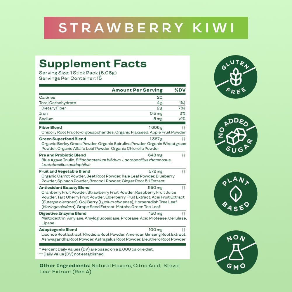 Digestive Health Greens Powder Packets with Probiotics, Enzymes, Spirulina & Chlorella - Strawberry Kiwi Flavor, 15 Sticks