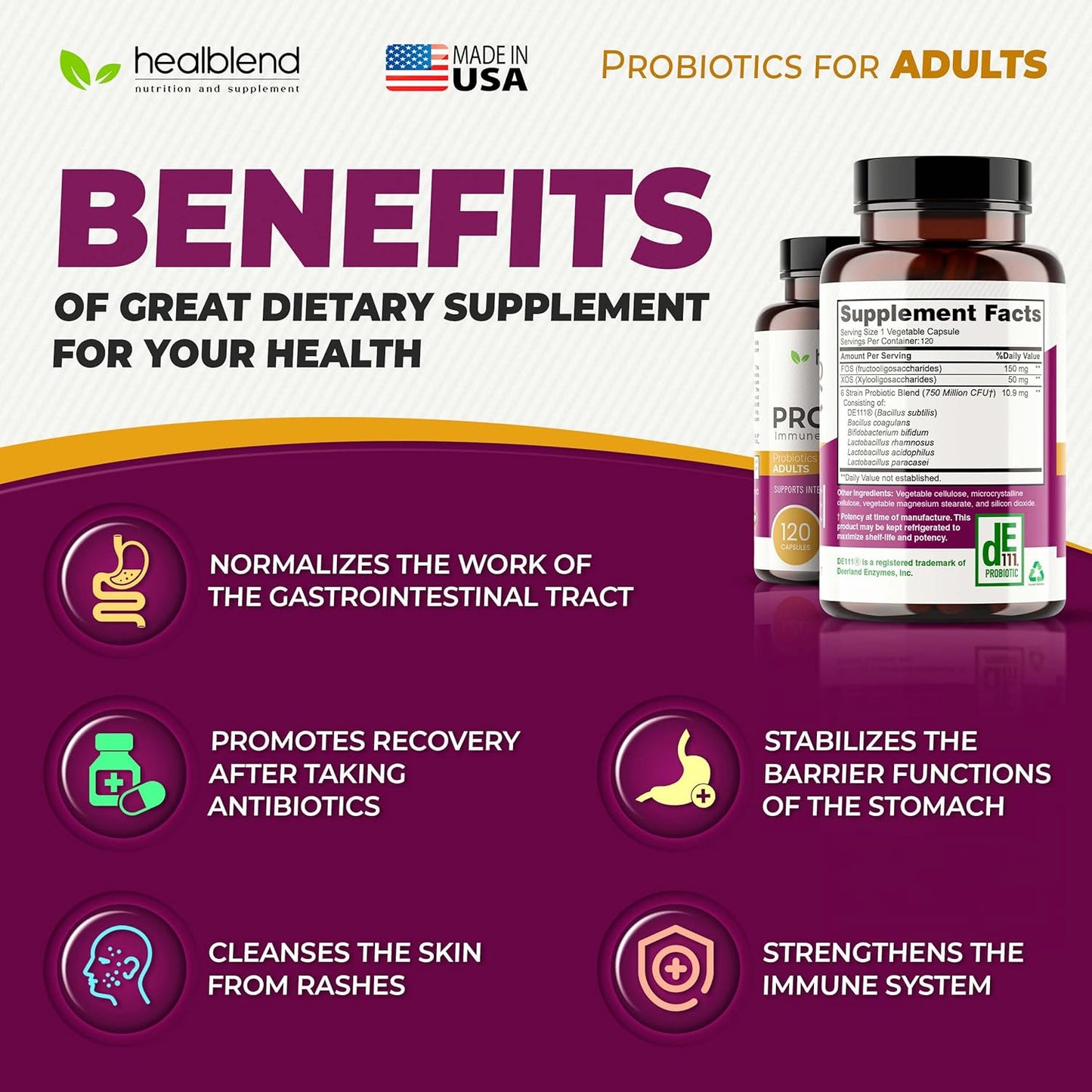 Digestive Health Probiotic Capsules for Men and Women - Immune System Support, Non-GMO, Gluten-Free - 120 Veg Caps