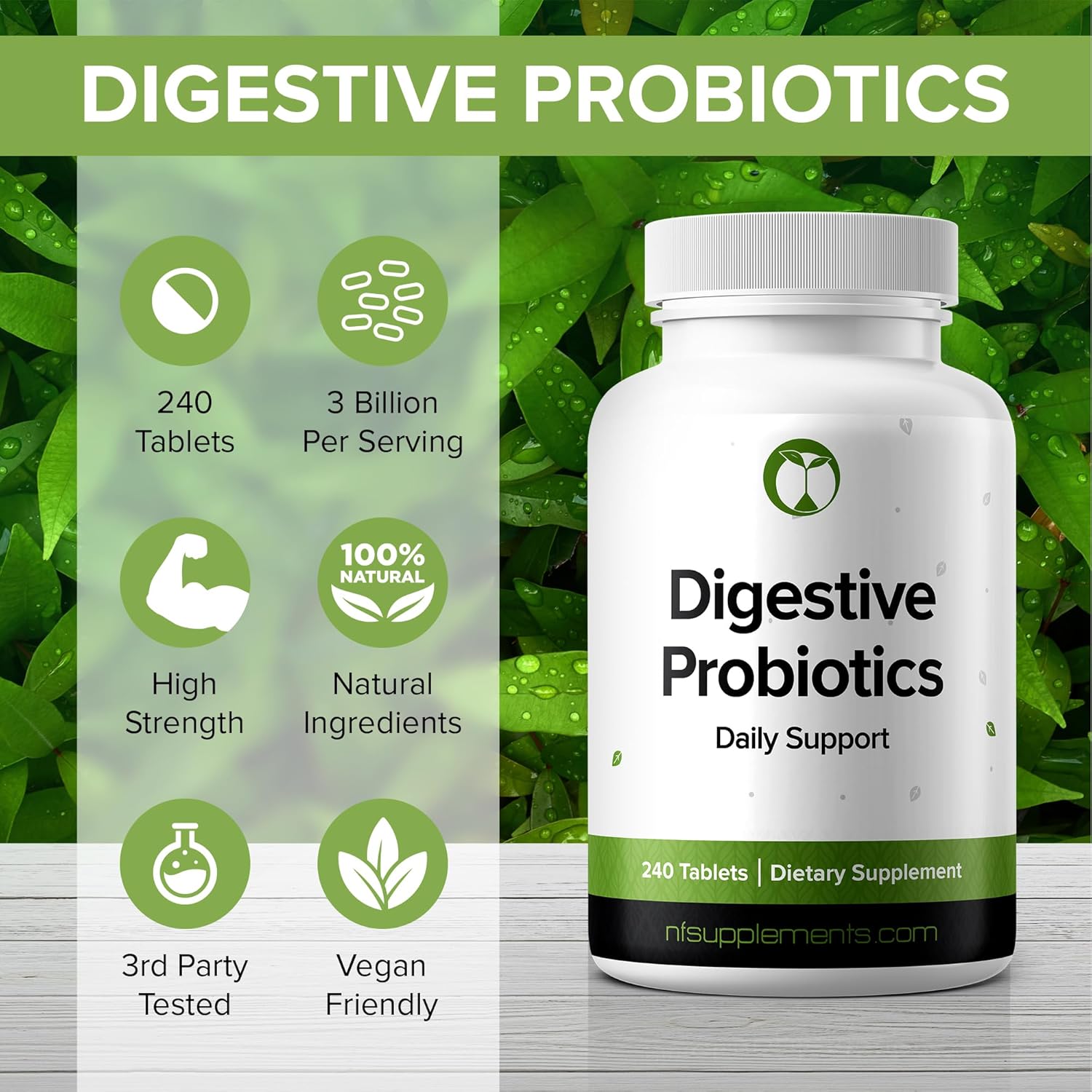 Digestive Health Probiotic Supplement Tablets with 3 Billion CFU - Natural Foundation Support for Men & Women - Made in USA (240 Count)