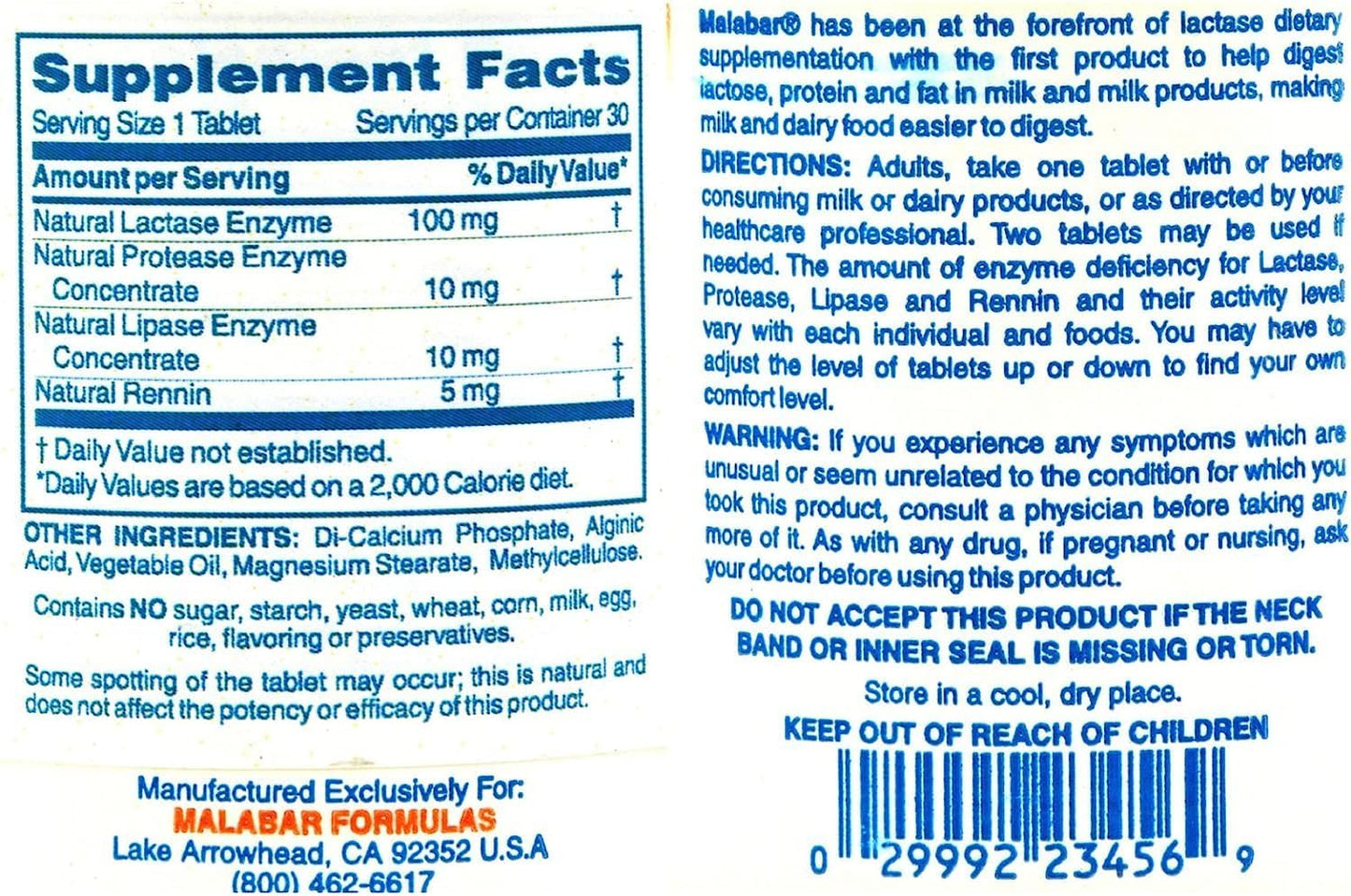 Digestive Health Supplement - Malabar Complete Milk Digestant, 30 Tablets