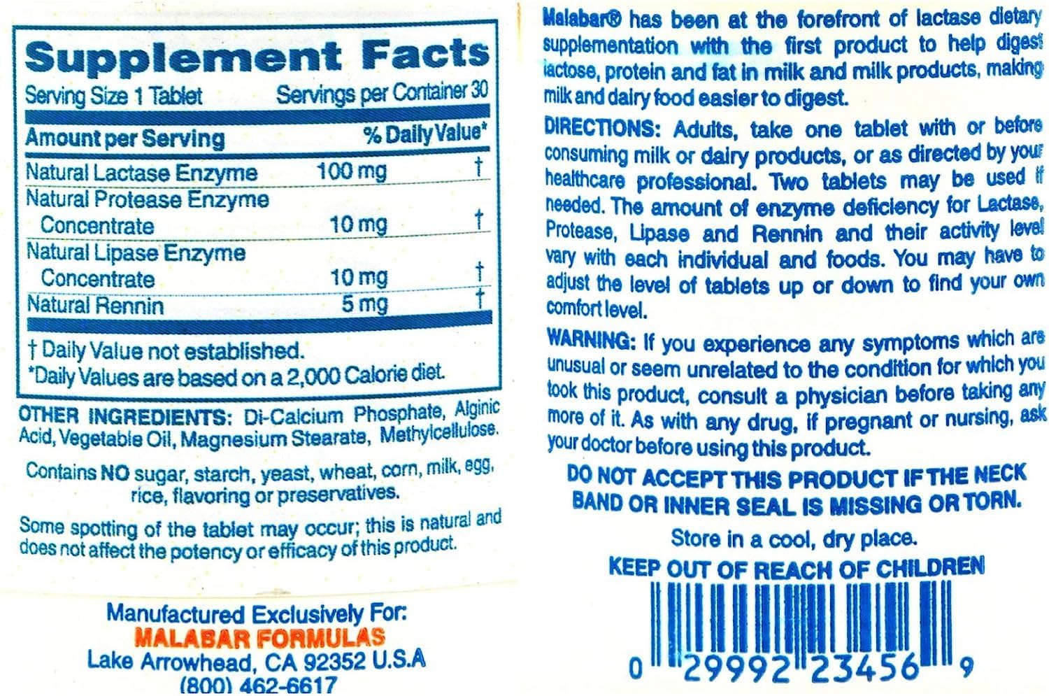 Digestive Health Supplement - Malabar Complete Milk Digestant, 30 Tablets