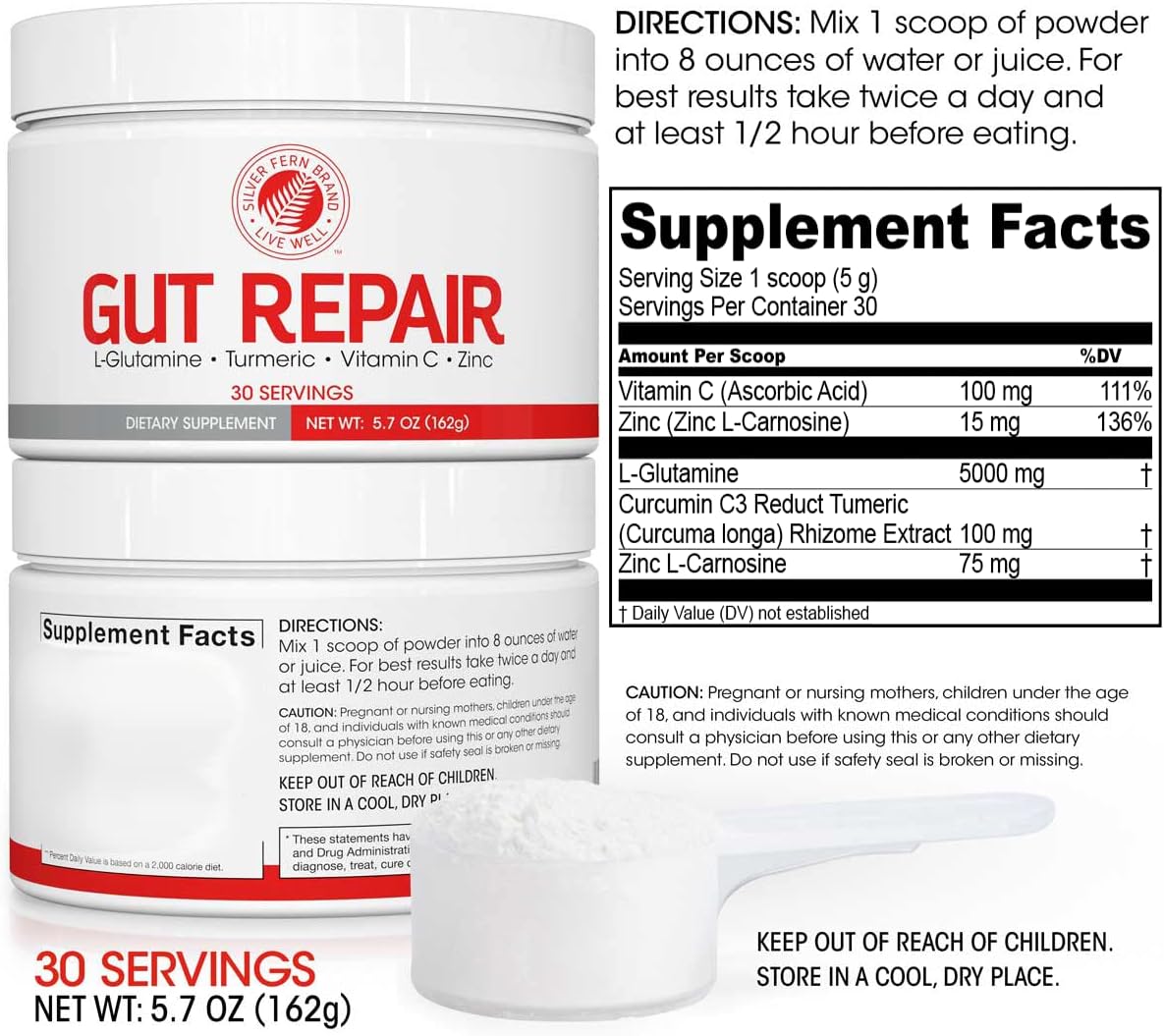 Digestive Health Supplement Powder with L-Glutamine, Curcumin, Zinc & Ascorbic Acid - Silver Fern Gut Repair