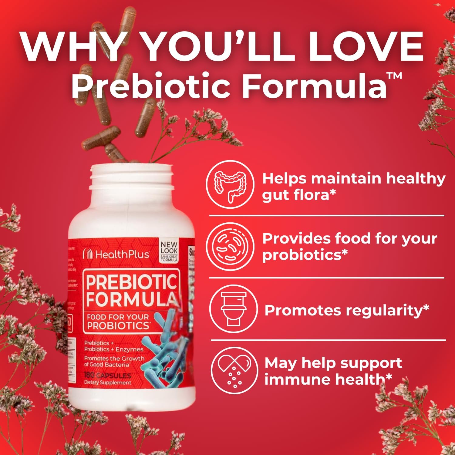 Digestive Health Supplement with Prebiotics, Probiotics, and Enzymes - Gluten-Free, Dairy-Free - 180 Capsules, 60 Servings