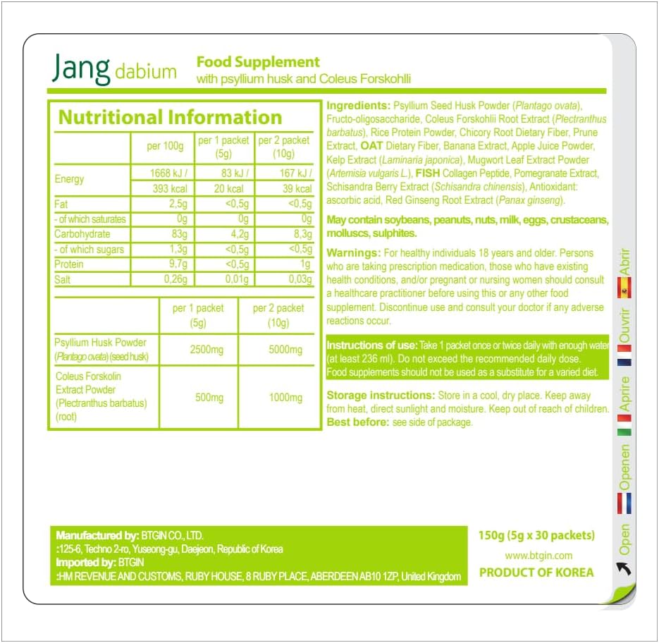 Digestive Health Supplement with Psyllium Husk Fiber, Coleus Forskohlii, Fish Collagen - 30 Packets for Weight Management and Colon Cleanse by BTGIN