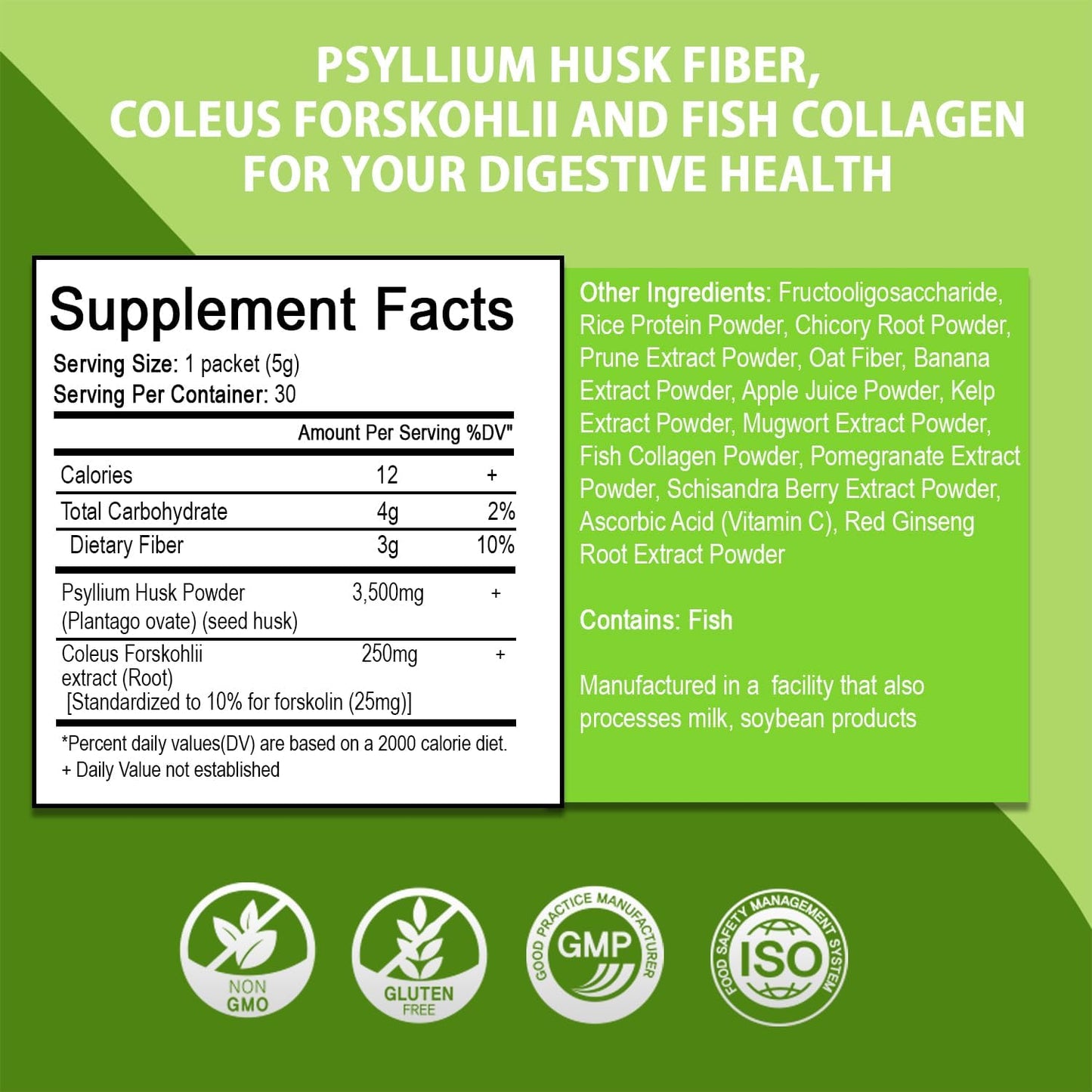 Digestive Health Supplement with Psyllium Husk Fiber, Coleus Forskohlii, Fish Collagen - 30 Packets for Weight Management and Colon Cleanse by BTGIN