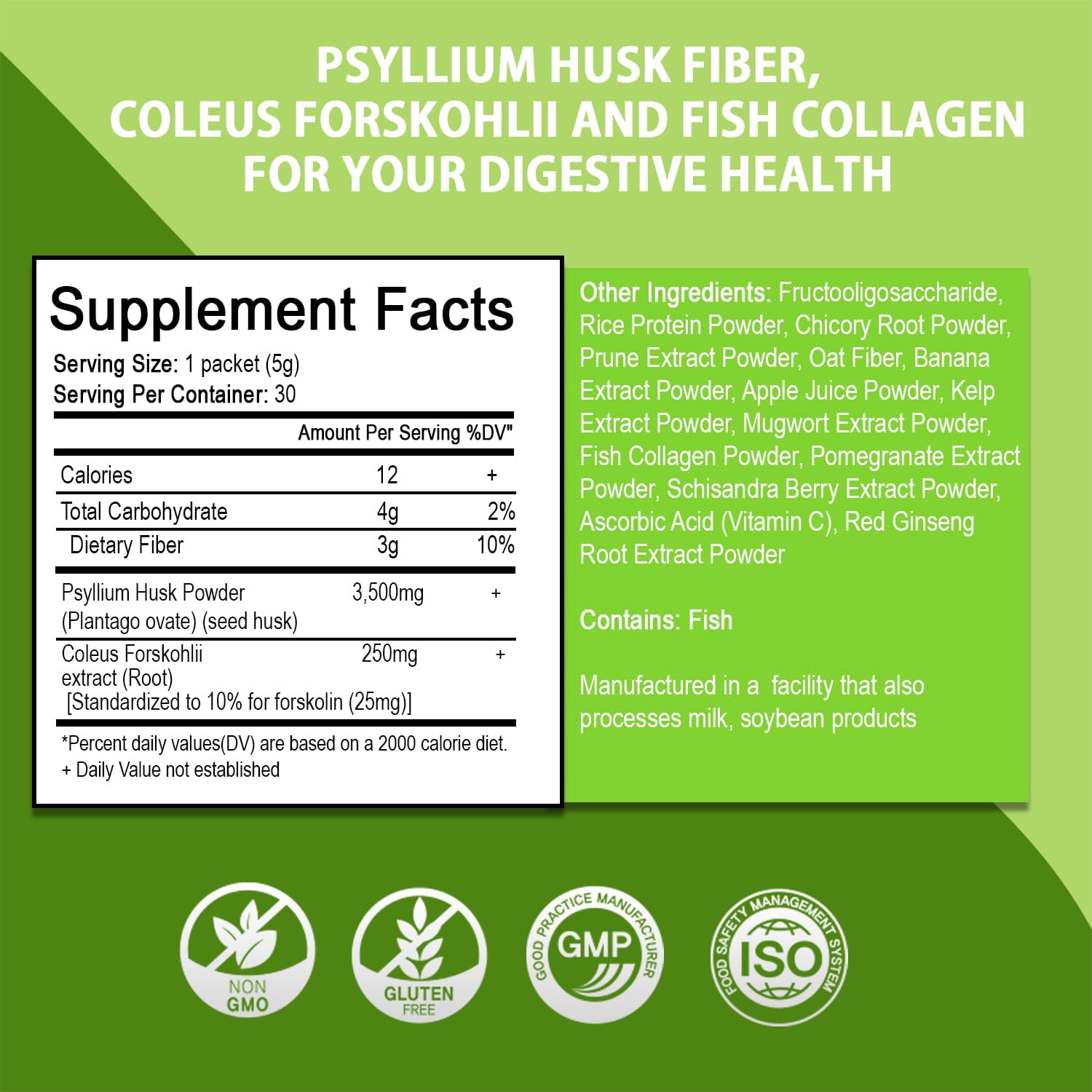 Digestive Health Supplement with Psyllium Husk Fiber, Coleus Forskohlii, Fish Collagen - 30 Packets for Weight Management and Colon Cleanse by BTGIN