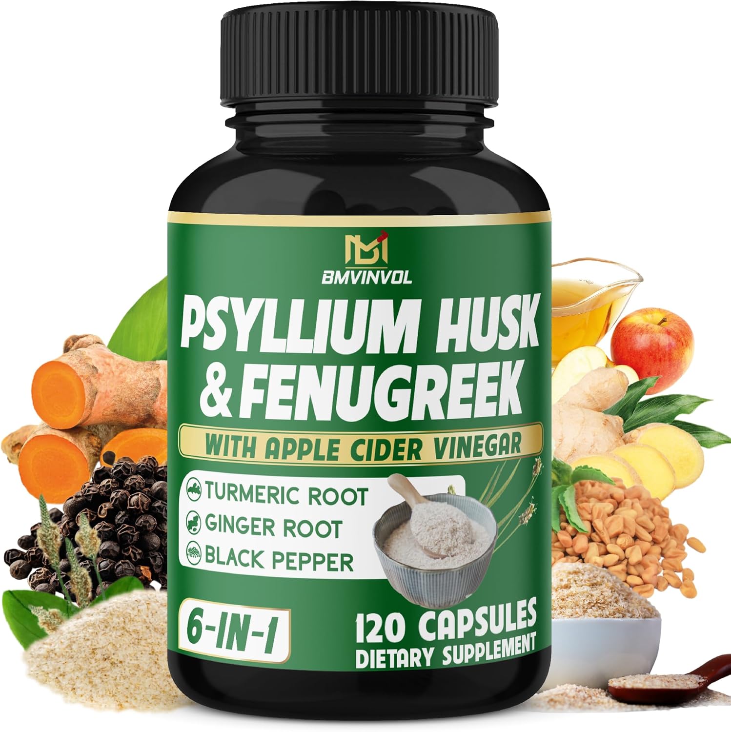 Digestive Health Support Capsules with Psyllium Husk Fiber, Fenugreek, Apple Cider Vinegar, Turmeric, Ginger, Black Pepper - 120 Count