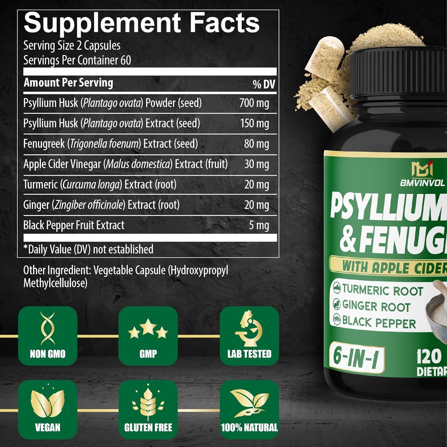 Digestive Health Support Capsules with Psyllium Husk Fiber, Fenugreek, Apple Cider Vinegar, Turmeric, Ginger, Black Pepper - 120 Count