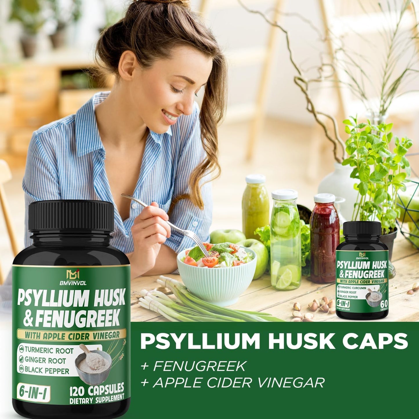 Digestive Health Support Capsules with Psyllium Husk Fiber, Fenugreek, Apple Cider Vinegar, Turmeric, Ginger, Black Pepper - 120 Count