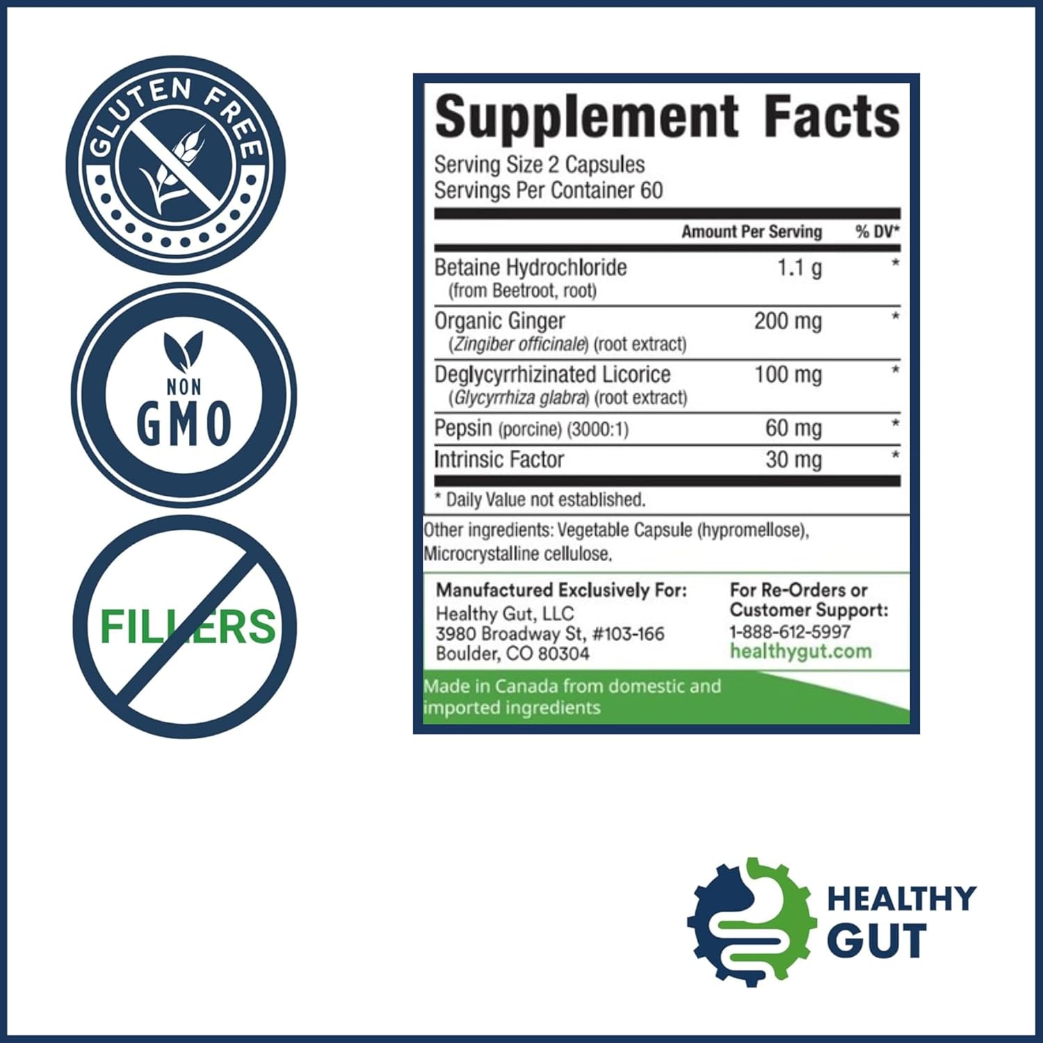 Digestive Health Support Supplement | HCL Guard+ with Betaine, Ginger, DGL, Pepsin | 60 Servings | Promotes Gut Health