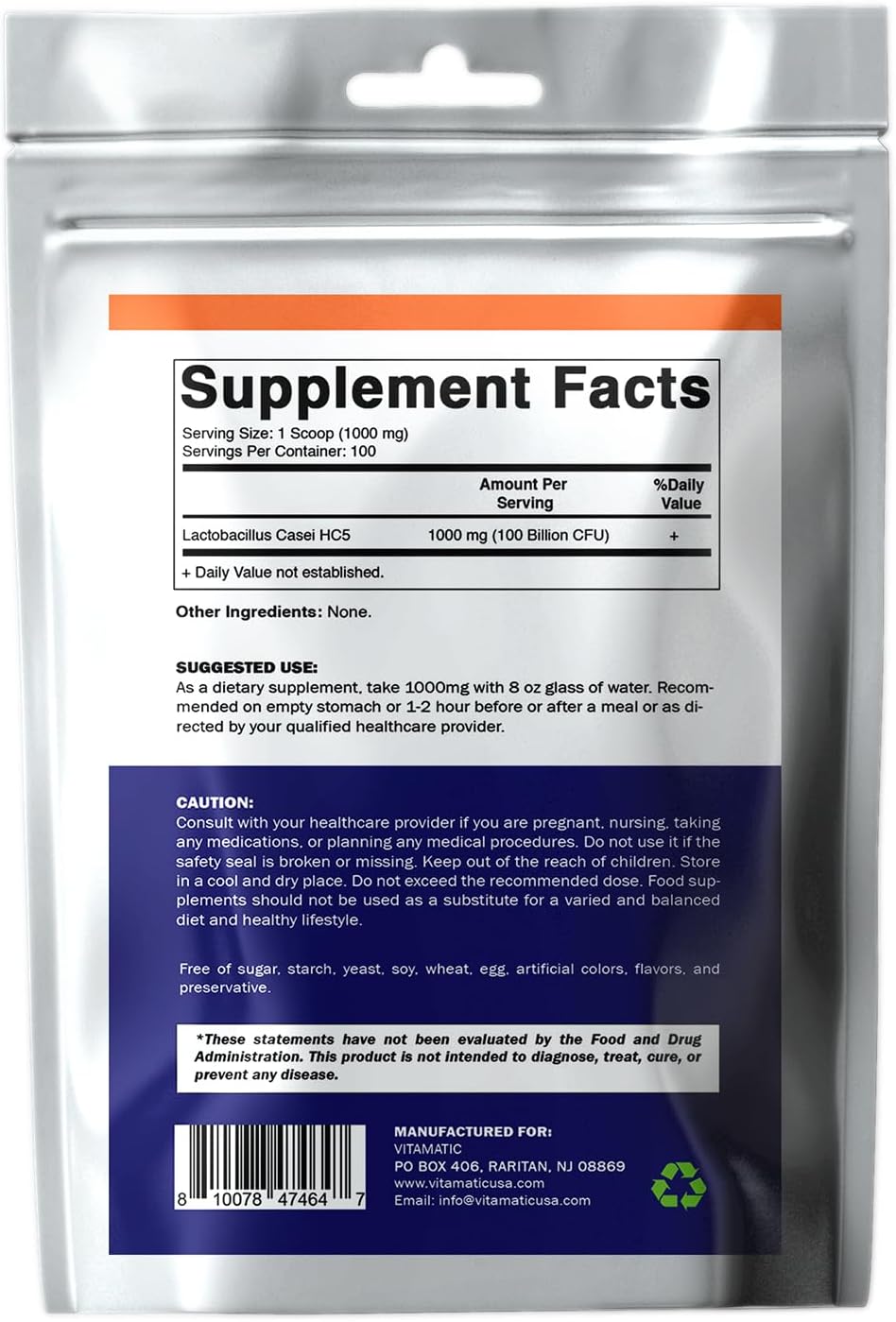 Digestive Health Support with Vitamatic Lactobacillus Casei Probiotic Powder - 100 Servings - 100g (3.5 oz)