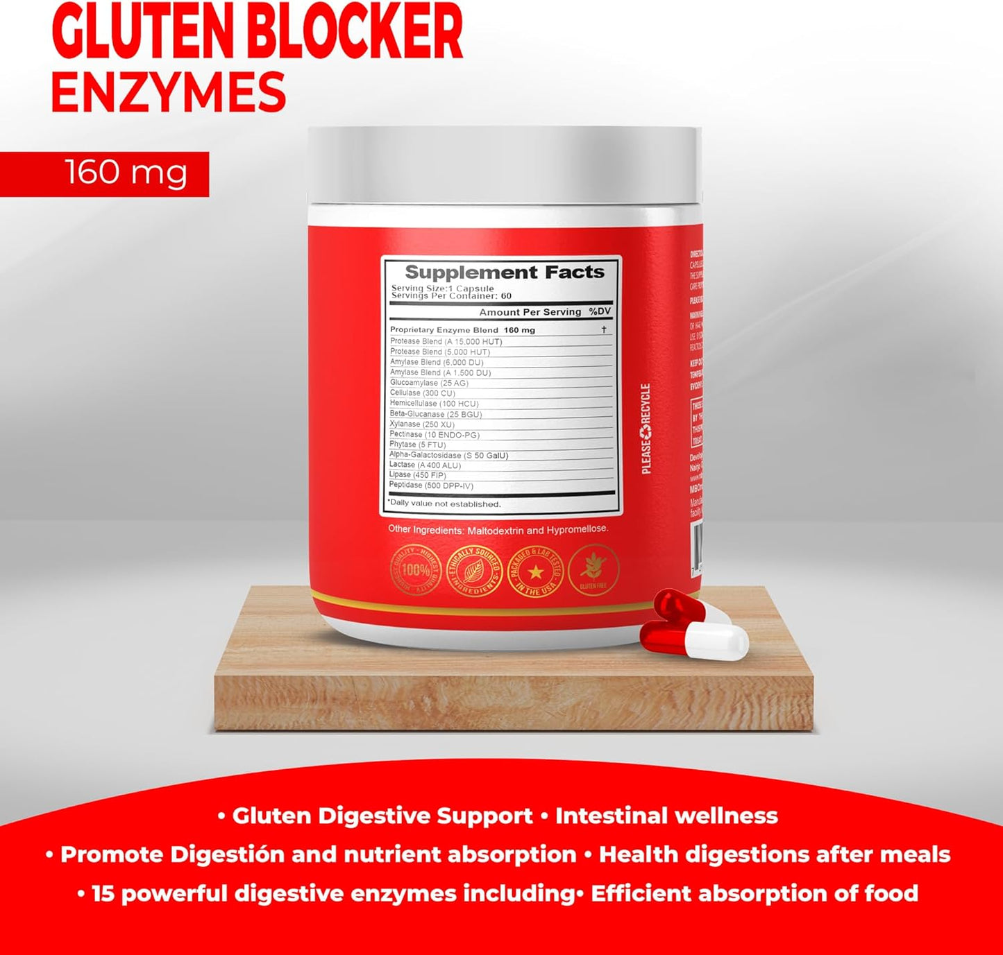 Digestive Multi Enzyme Ultra Blend Supplement for Gut Health - Gluten Digestive Support, Nutrient Absorption - 60 Day Supply, Vegetarian Formula by MB One Pharma