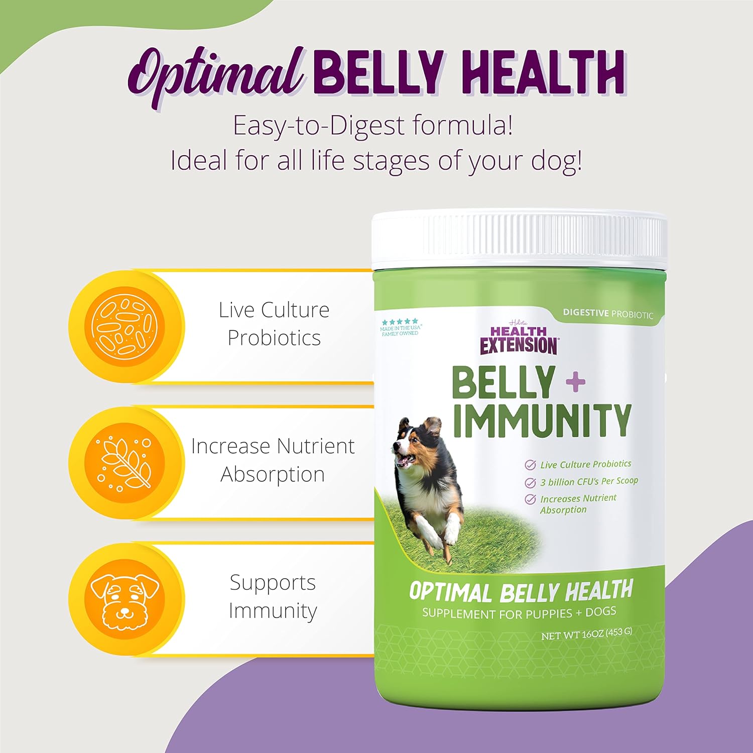 Digestive Probiotic for Dogs & Puppies - Supports Belly & Immunity, 3 Billion CFUs, Natural Ingredients