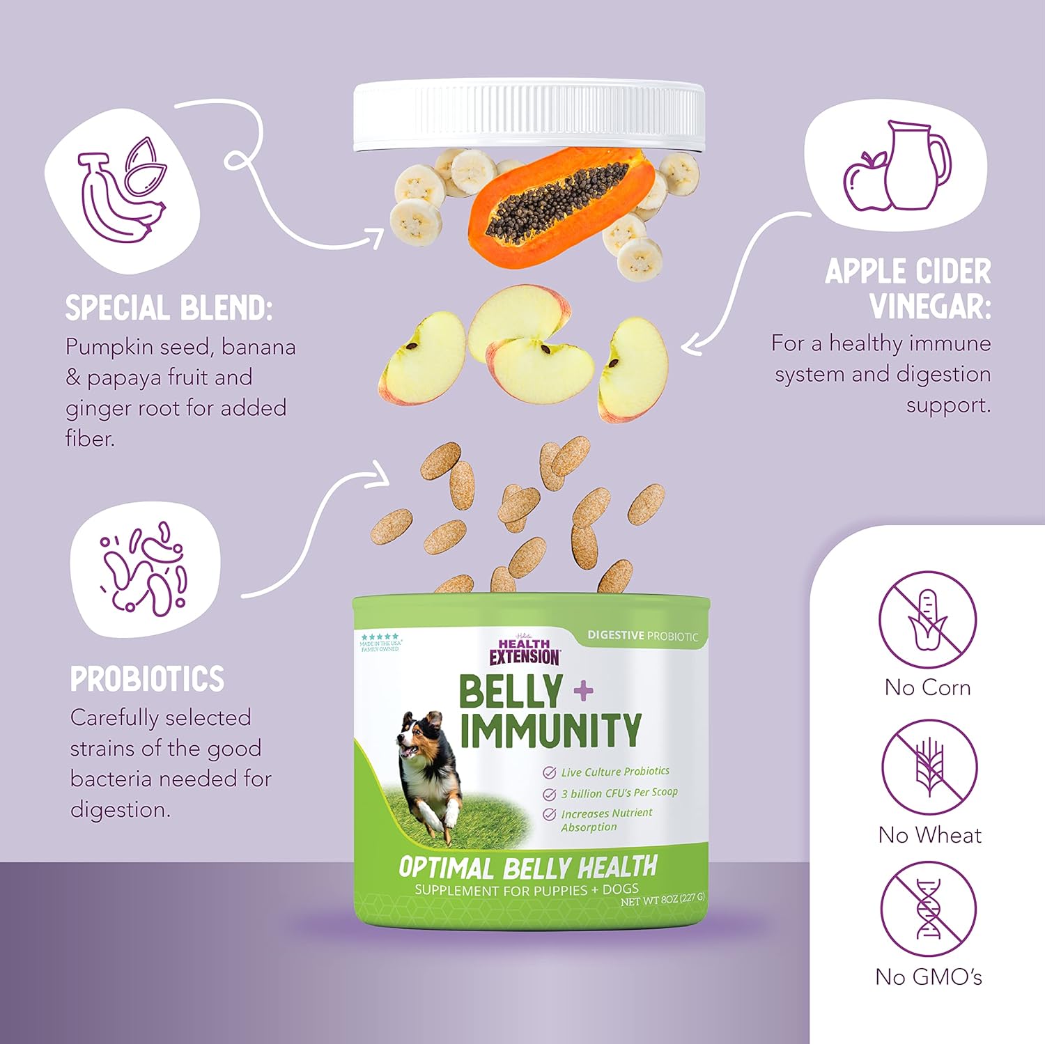 Digestive Probiotic for Dogs & Puppies - Supports Belly & Immunity, 3 Billion CFUs, Natural Ingredients