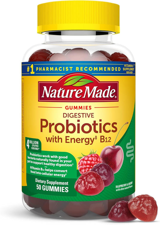 Digestive Probiotics and Energy B12 Gummies for Women and Men - 50 Gummies, 25 Day Supply