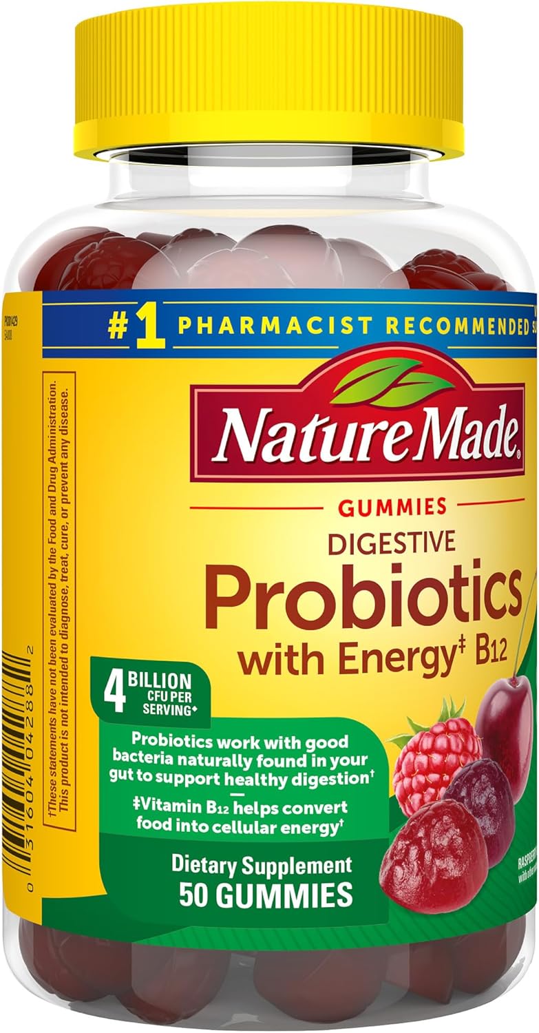 Digestive Probiotics and Energy B12 Gummies for Women and Men - 50 Gummies, 25 Day Supply