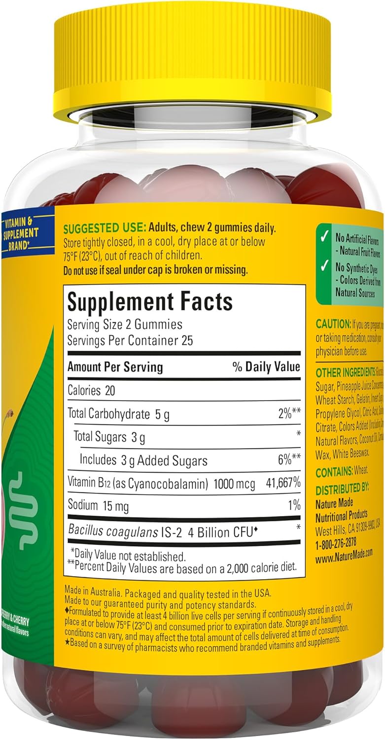 Digestive Probiotics and Energy B12 Gummies for Women and Men - 50 Gummies, 25 Day Supply