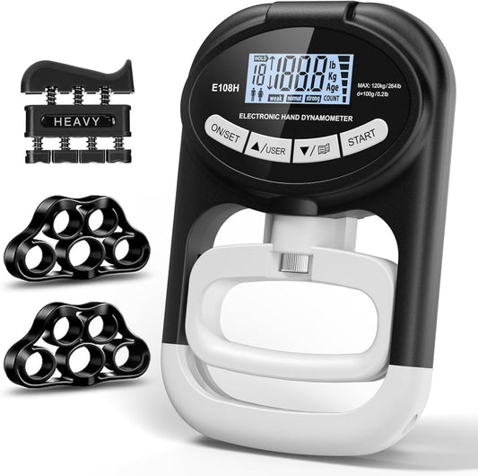 Digital Hand Dynamometer Grip Strength Tester - Electronic Hand Gripper Trainer for Wrist Exercise - 265 Lbs / 120 Kgs - Sport School Home Use