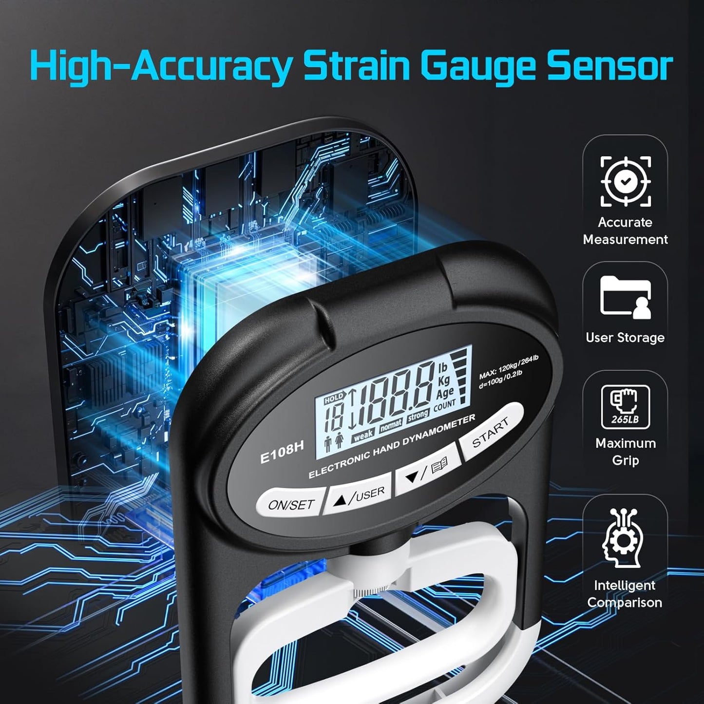 Digital Hand Dynamometer Grip Strength Tester - Electronic Hand Gripper Trainer for Wrist Exercise - 265 Lbs / 120 Kgs - Sport School Home Use