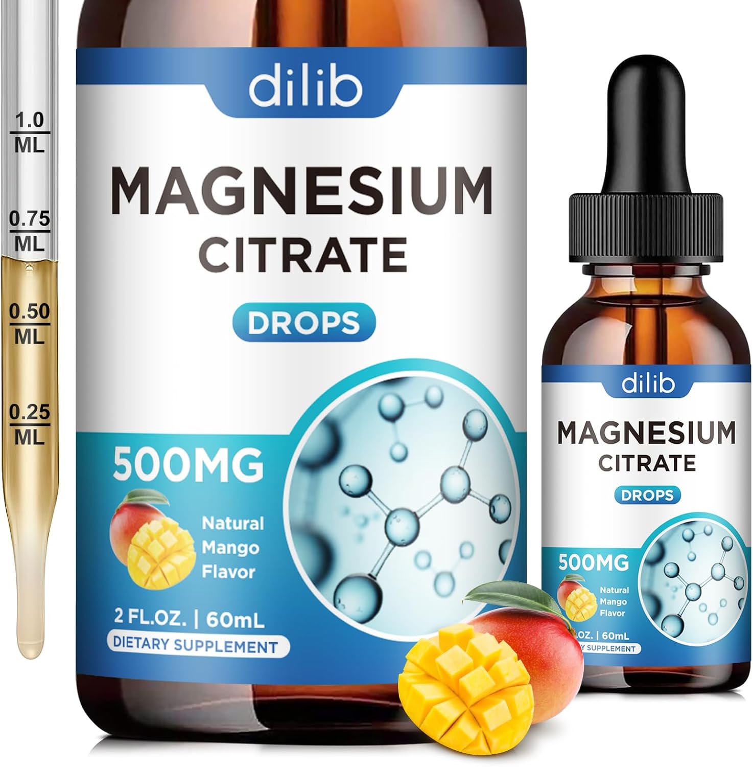 dilib Magnesium Citrate Liquid Drops 500mg, Mango Flavor - Vegan Supplement for Stress Relief, Bone, Muscle, Mood, Sleep - 2 Fl Oz