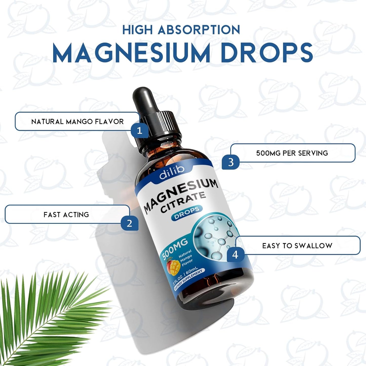 dilib Magnesium Citrate Liquid Drops 500mg, Mango Flavor - Vegan Supplement for Stress Relief, Bone, Muscle, Mood, Sleep - 2 Fl Oz