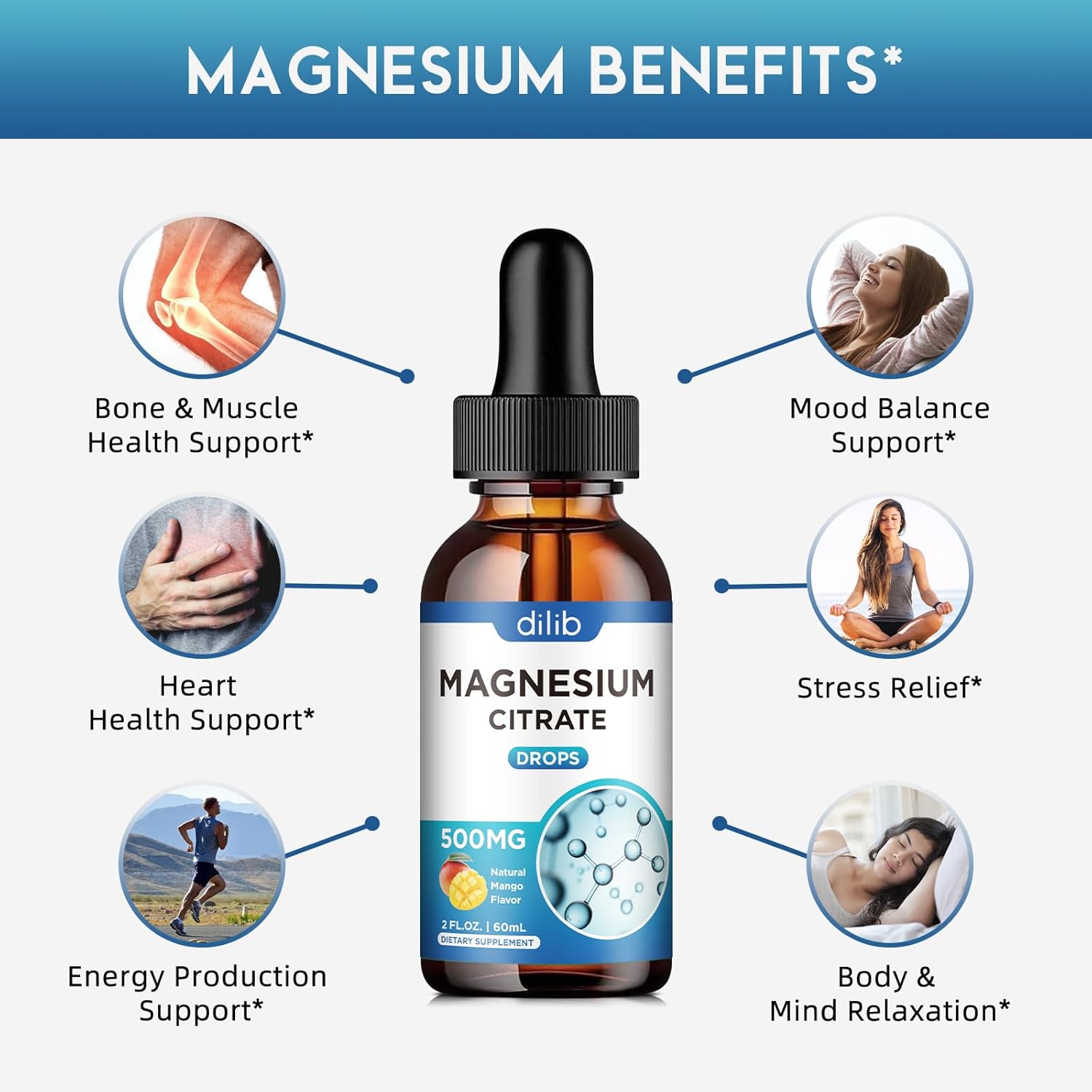 dilib Magnesium Citrate Liquid Drops 500mg, Mango Flavor - Vegan Supplement for Stress Relief, Bone, Muscle, Mood, Sleep - 2 Fl Oz