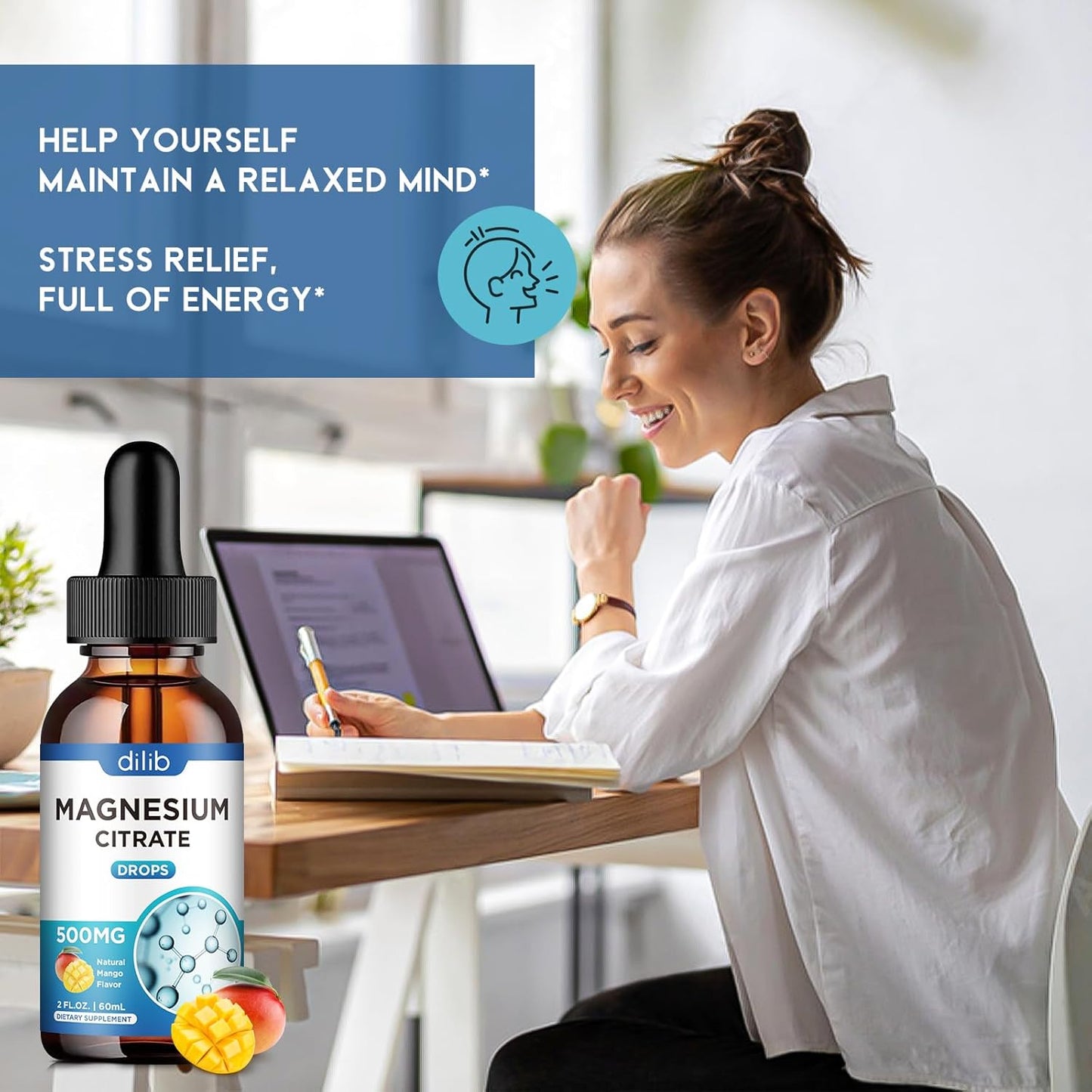 dilib Magnesium Citrate Liquid Drops 500mg, Mango Flavor - Vegan Supplement for Stress Relief, Bone, Muscle, Mood, Sleep - 2 Fl Oz