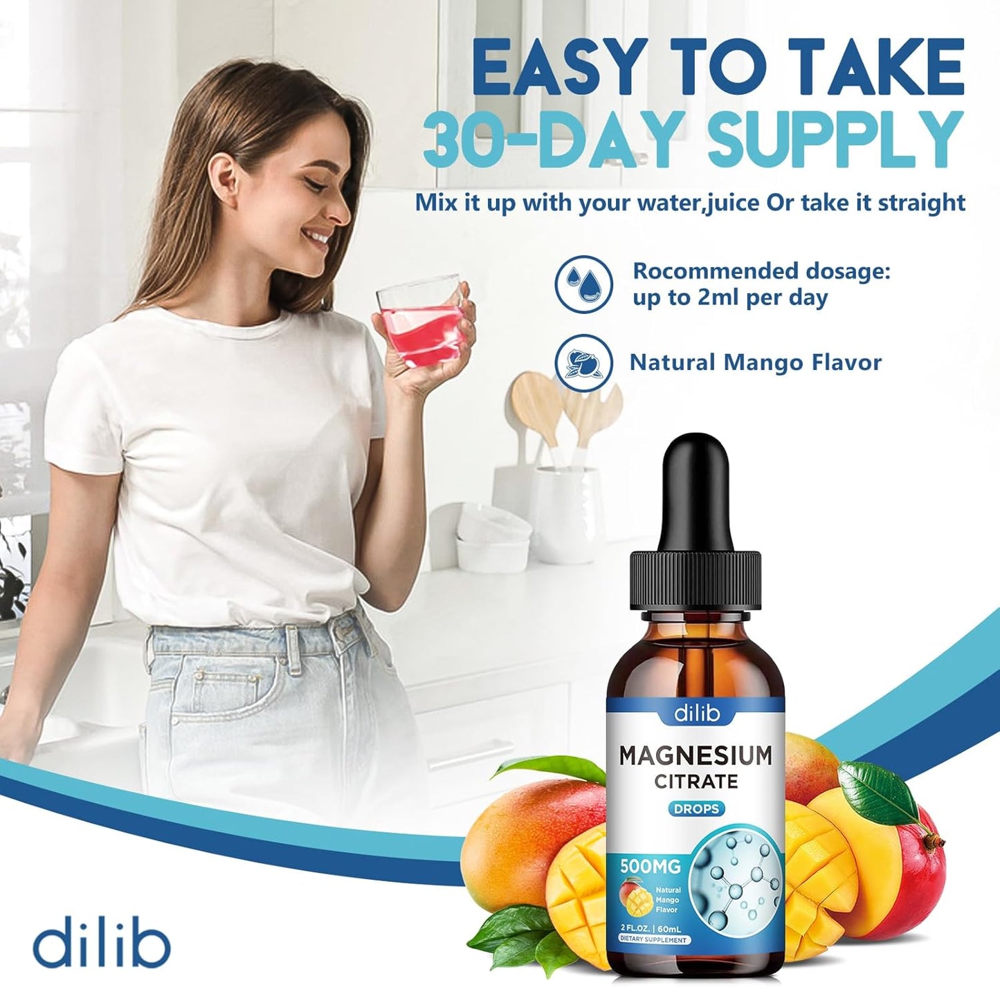 dilib Magnesium Citrate Liquid Drops 500mg, Mango Flavor - Vegan Supplement for Stress Relief, Bone, Muscle, Mood, Sleep - 2 Fl Oz