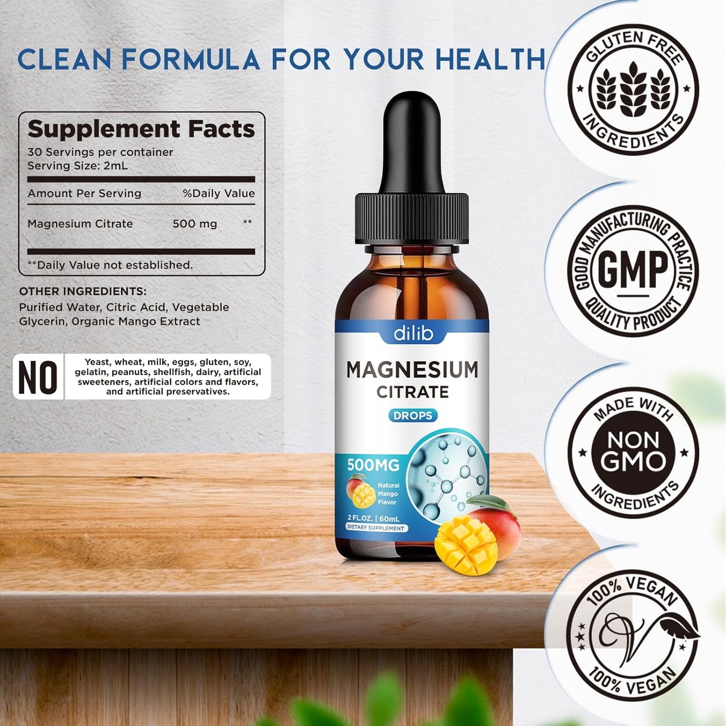 dilib Magnesium Citrate Liquid Drops 500mg, Mango Flavor - Vegan Supplement for Stress Relief, Bone, Muscle, Mood, Sleep - 2 Fl Oz