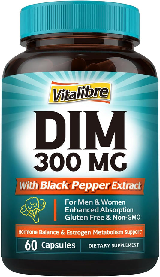 DIM Supplement for Menopause Support with Black Pepper Extract - 60 Capsules - Hormone Balance and Estrogen Metabolism - High Absorption - Vitalibre DIM 300 mg for Women and Men