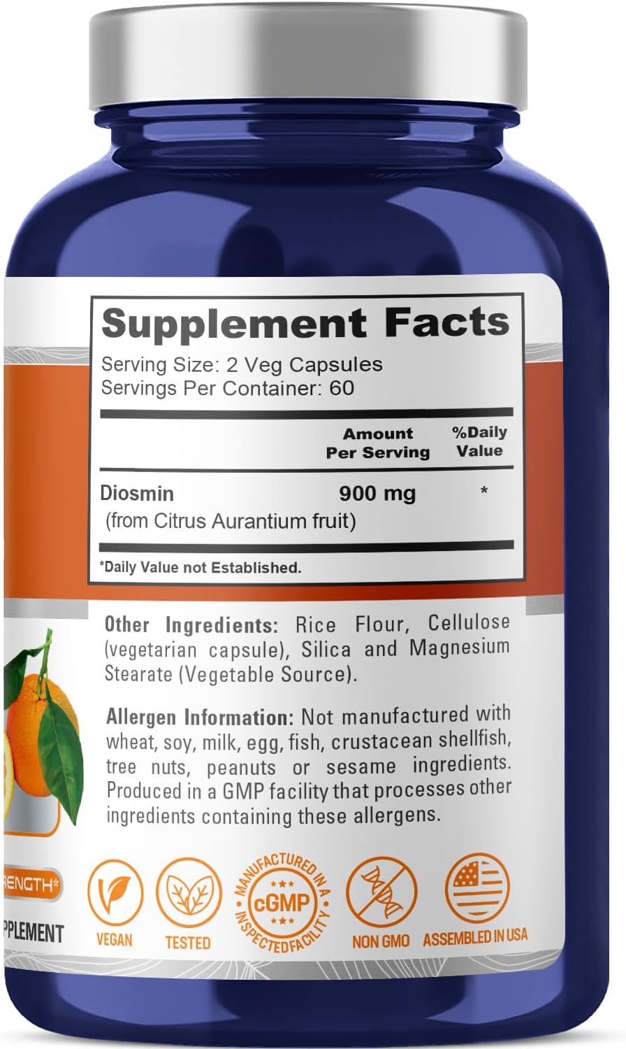 Diosmin 900mg per Serving - 120 Veggie Capsules (Non-GMO, Vegan) by NusaPure