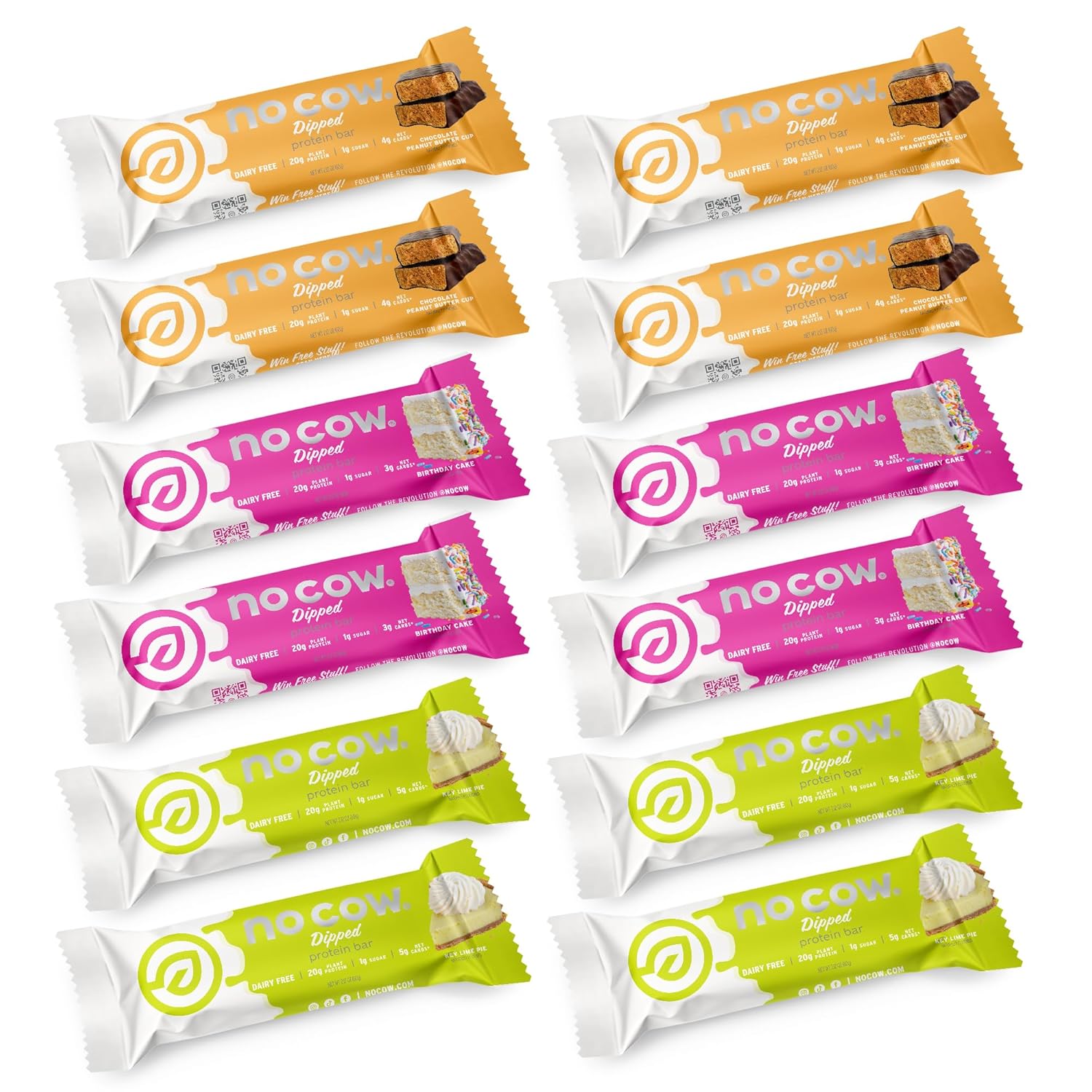 Dipped Variety Pack of No Cow High Protein Bars - 20g Vegan Protein, High Fiber, Low Sugar, Keto Friendly - Dairy & Gluten Free - 12 Count