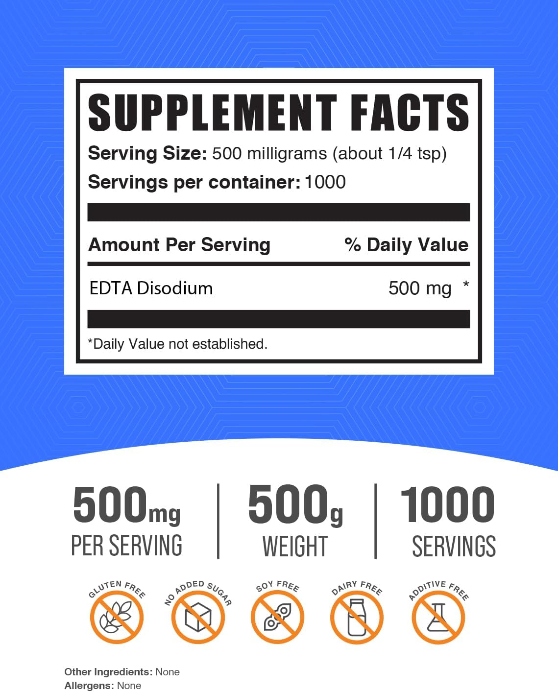 Disodium EDTA Powder 500g (1.1 lbs) - Food Grade Additive, Pure & Gluten Free - 500mg per Serving - BulkSupplements