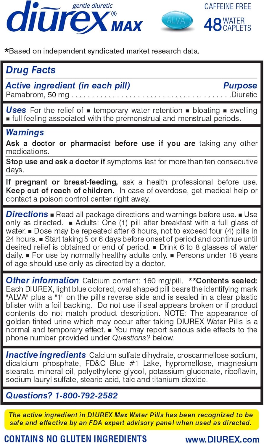 Diurex Max - Caffeine-Free Diuretic Water Pills, Maximum Strength for Bloating Relief, 96 Count (2 Pack)