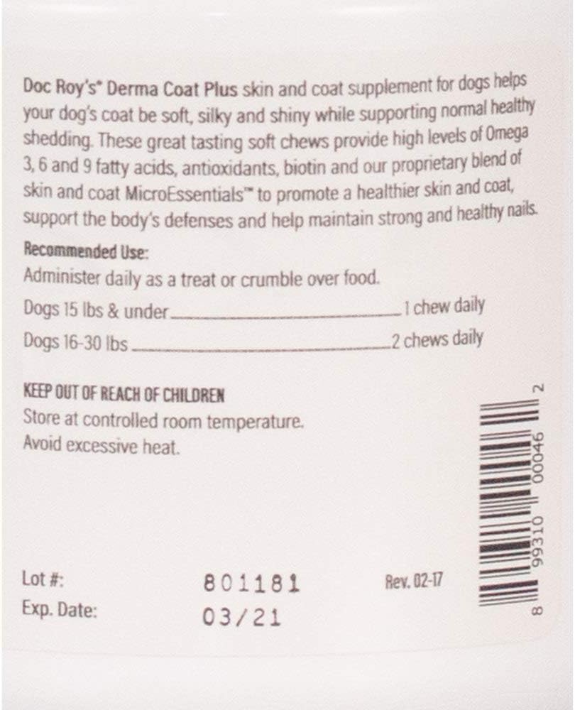 Doc Roy's Derma Coat Plus Skin & Coat Supplement for Small Dogs - 120 Chewable Tablets by Revival Animal Health