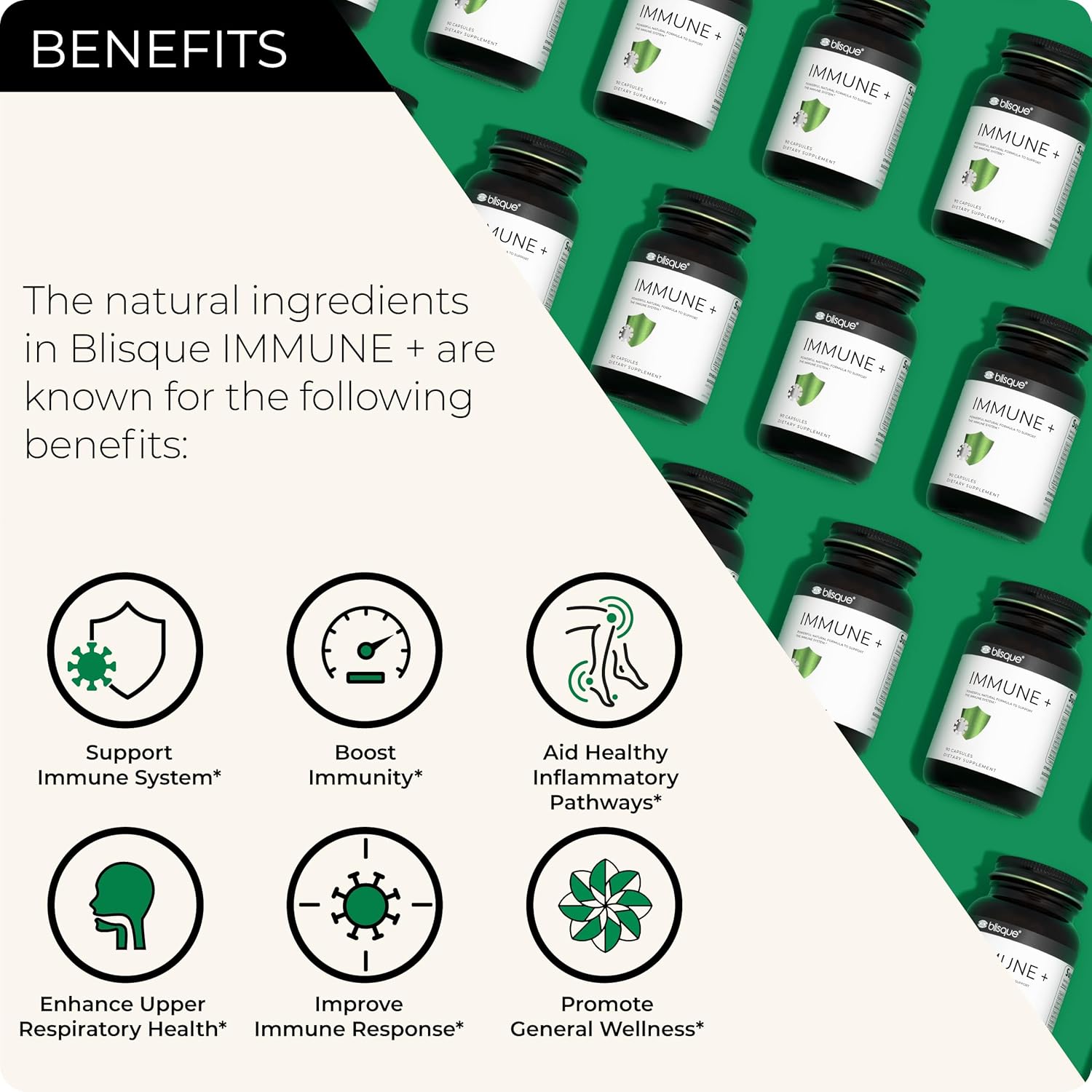 Doctor-Approved Blisque Immune Support Supplement with Astragalus, Echinacea, Garlic - Vegan & Non-GMO - 90 Capsules for Immune Defense Boost