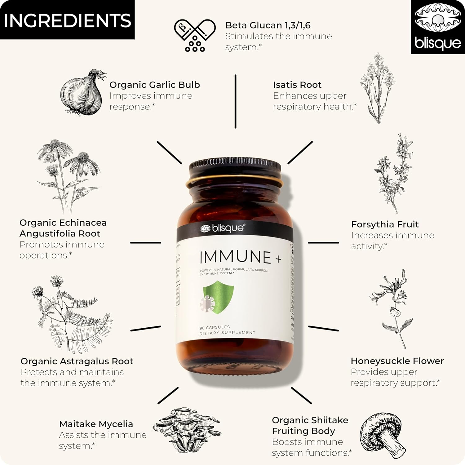 Doctor-Approved Blisque Immune Support Supplement with Astragalus, Echinacea, Garlic - Vegan & Non-GMO - 90 Capsules for Immune Defense Boost