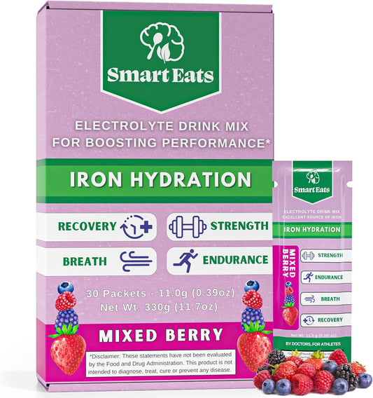 Doctor-Designed Electrolyte Powder with Iron: 1,700mg Electrolytes, 10 Minerals & Vitamins, Sour Berry Flavor - 30 Packets, Low Sugar